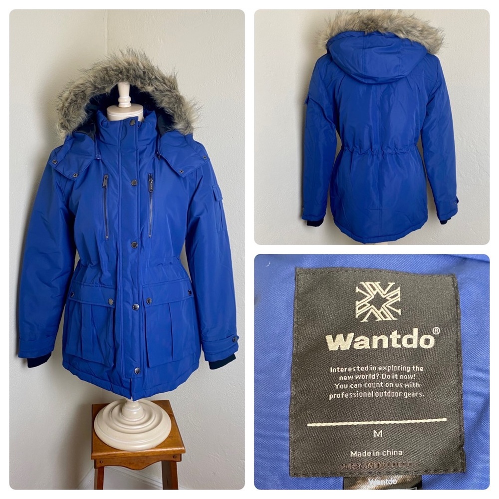 NWOT! Wantdo W's Winter Blue Military Coat Quilted Jacket Removable Fur Hood M